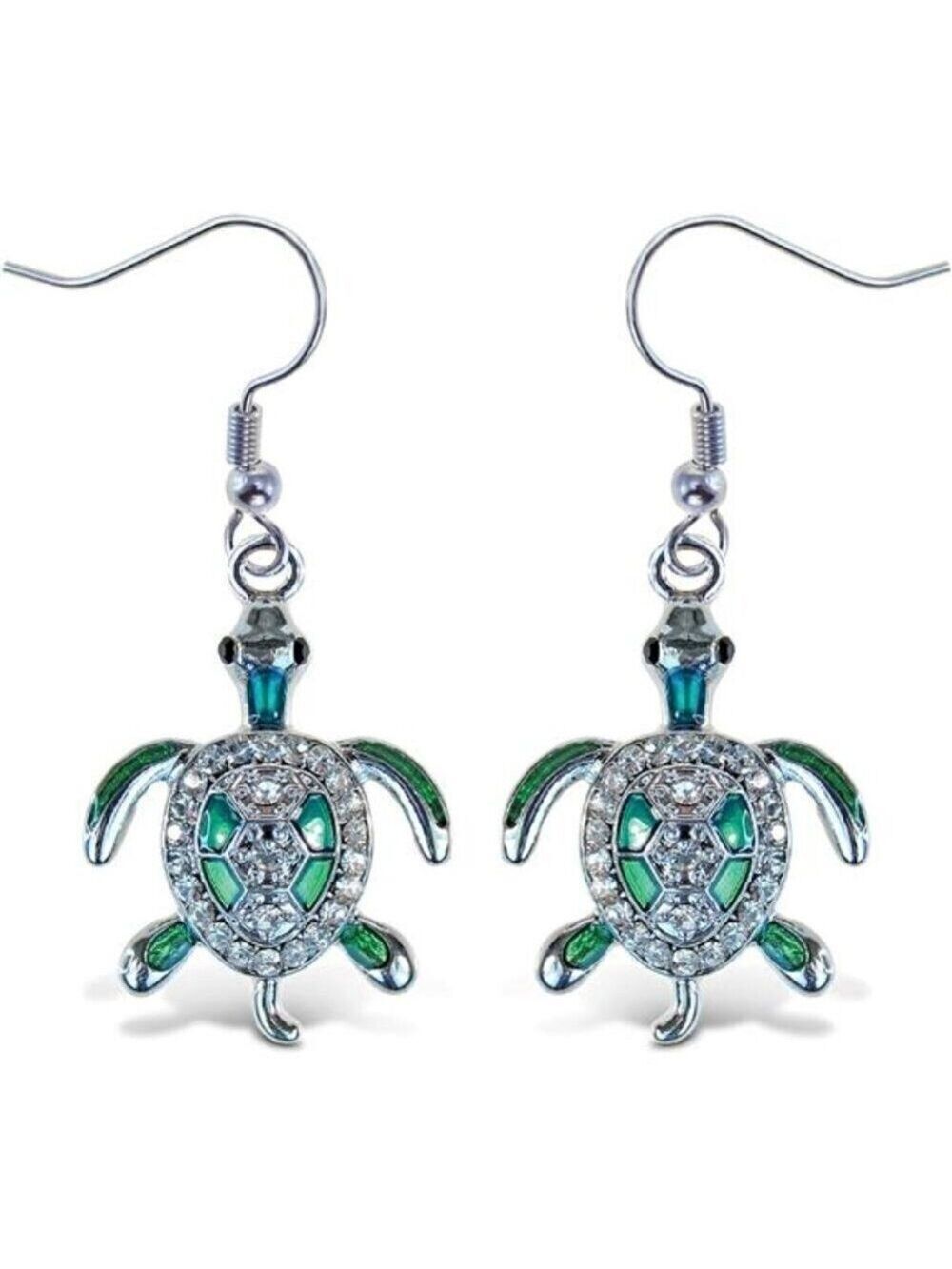 Sparkling Green Sea Turtle Drop Earrings Silver Tone Cute Ocean Animal Jewelry